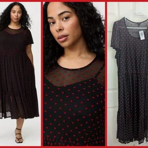 torrid Black Mesh Midi Dress with Red Heart Print